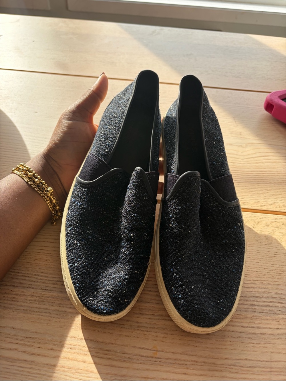 Vince Black Glitter Slip-On Loafers with Cream Sole